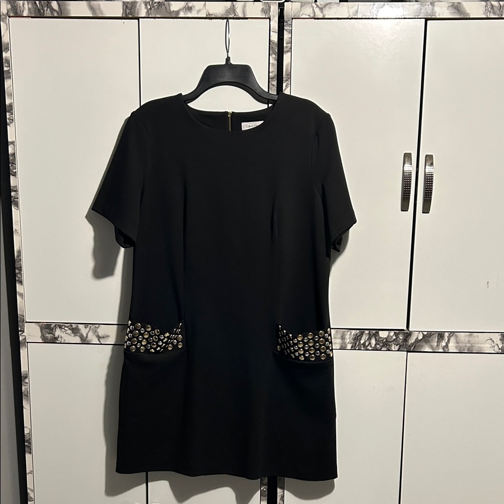 Calvin Klein Black Mini Dress with Embellished Studded Pockets